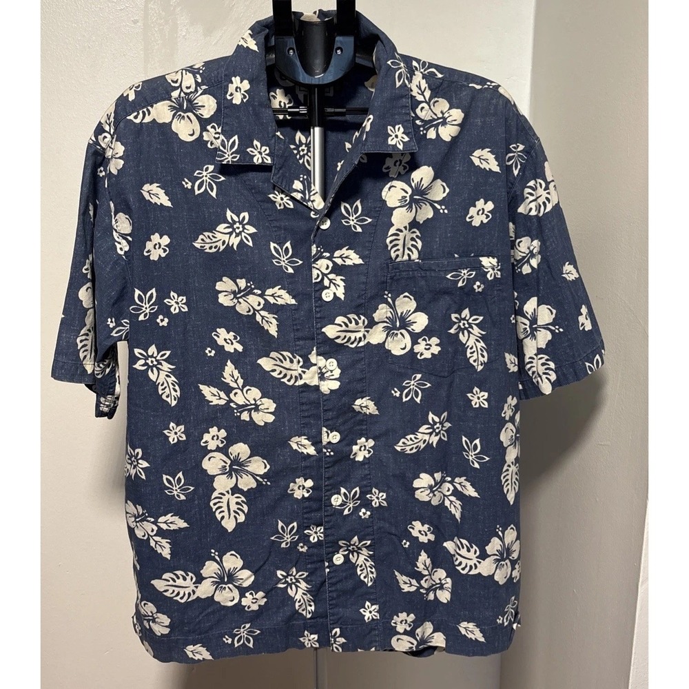 Arizona Jean Mens Size Large Blue Short Sleeves Button Up Floral Print Shirt